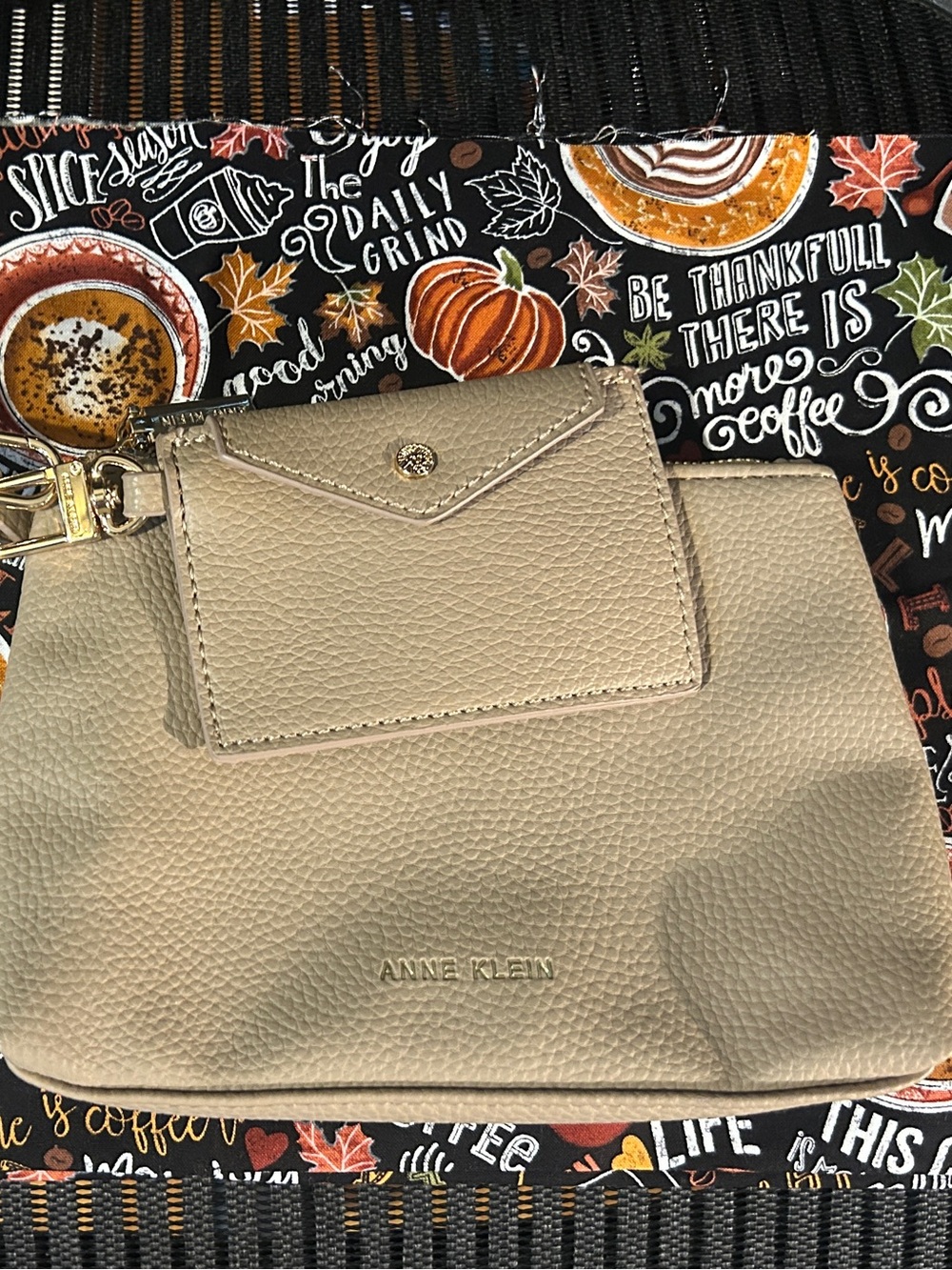 Anne Klein Taupe Pebbled Leather Wristlet Clutch
